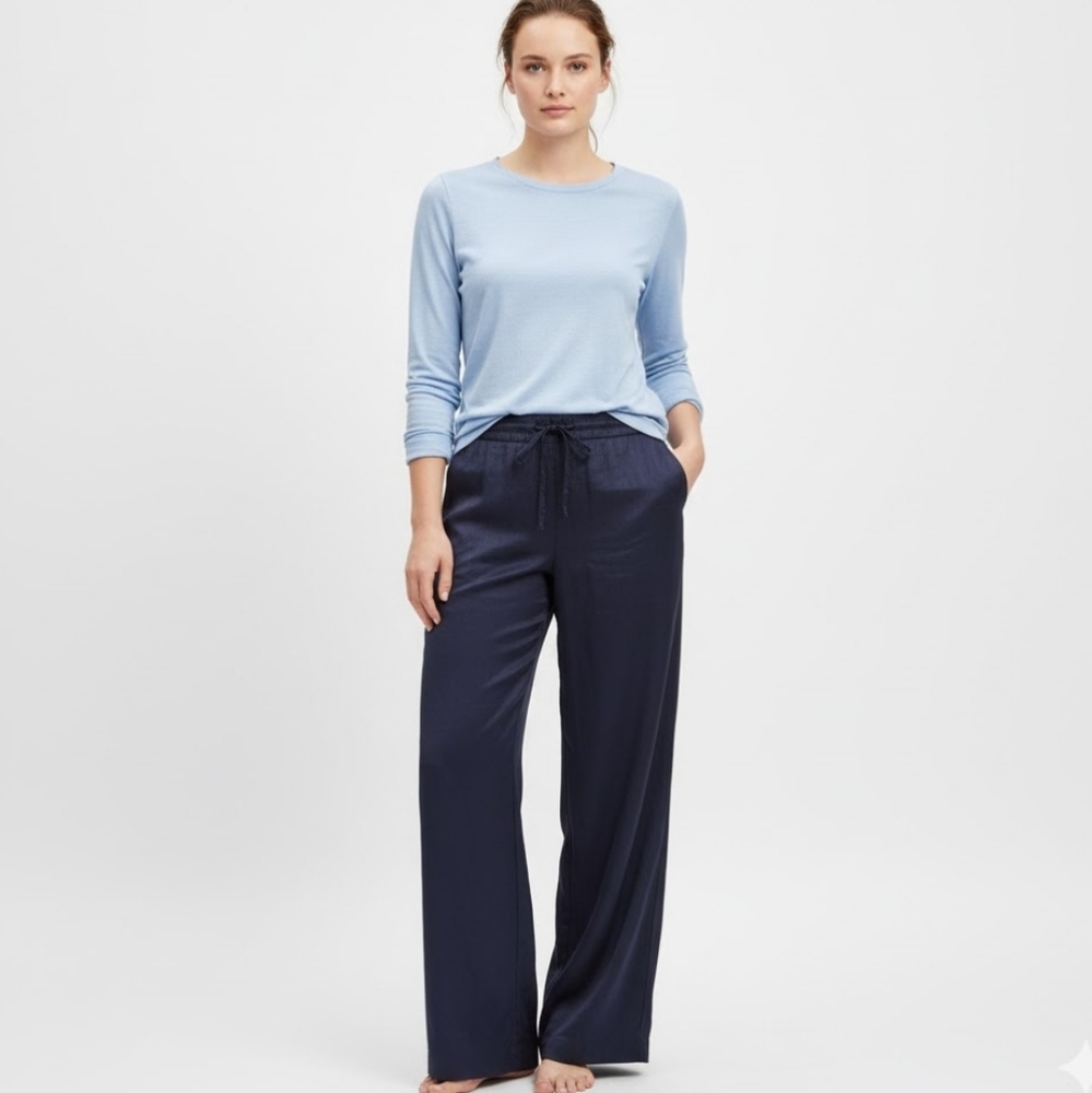 MANDARIN BLUE Women’s Size 14 Wide Leg Navy Linen Pants Trouser Lined Breathable